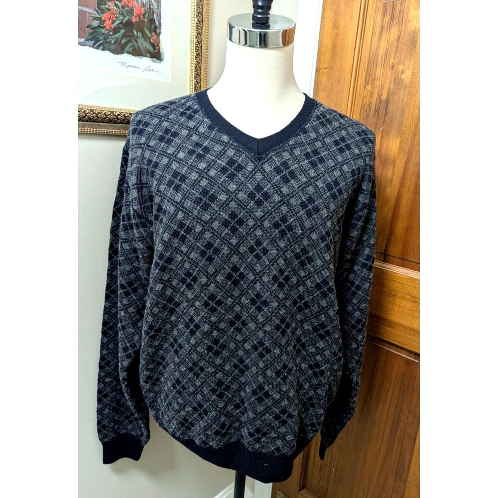 Nautica Men XXL Plaid Argyle V-Neck Wool Blend Knit Sweater Black Gray 90's